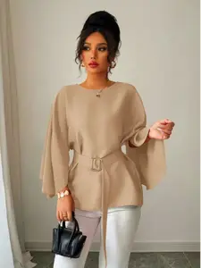 Women's Elegant Commuter Business Casual V-Neck Ruched Blouse Shirts Tops Womenswear, Asymmetrical Waist Belt Design, Perfect for Parties and Daily Wear