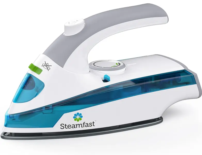 SF-710 Mini Steam Iron, Non-Stick Sole Plate, Foldable Handle, 45 Second Heat Up Time, Cord Storage, Portable, 6-Foot Power Cord, Chemical-Free Steam Power, White
