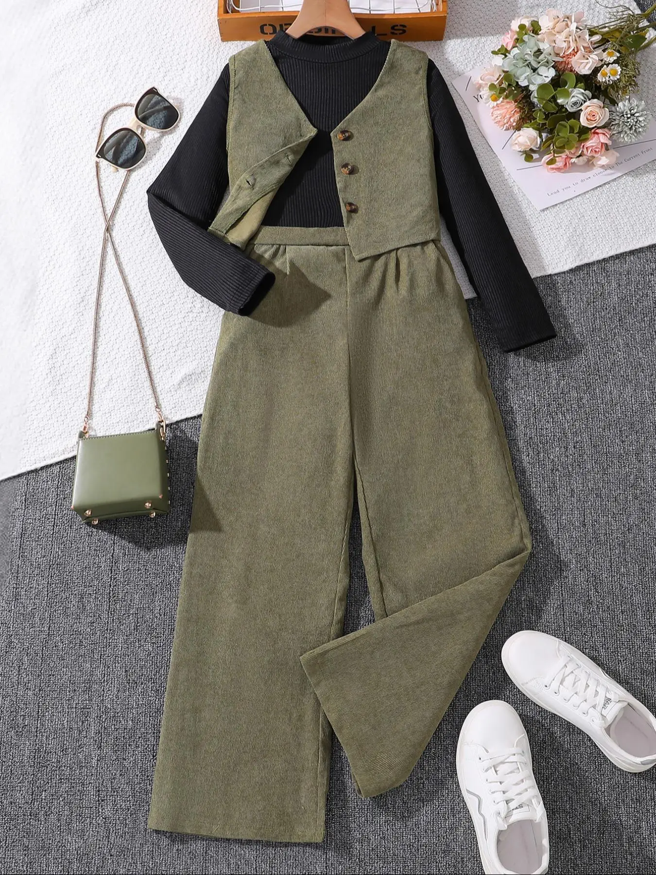 Girl's Solid Button Front Vest Blazer & Mock Neck Top & Wide Leg Pants Set, Elegant Fashion Casual Three-piece Outfits for Daily Outdoor Wear, Girls S