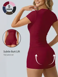 Two-Piece Set Womens Summer Sportswear Solid Color Sporty Round Neck Short Sleeve Shorts Soft Loungewear Set T-Shirt Pilates Comfortable Breathable High Stretch Butt Lifting Shaping Yoga Outfit, Yoga Gym Outfits, Outdoor Travel Sports Training Casual