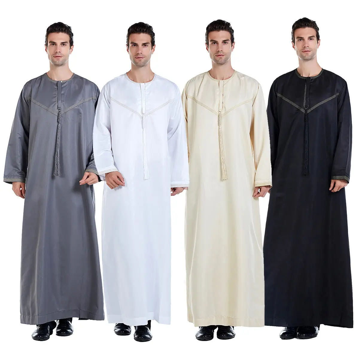 Men's Modest Muslim Robe with Embroidery - Ramadan Eid Prayer Robe, Solid Color, Long-Sleeved, Loose Fit, Breathable Cotton Blend, Ethnic Style Clothing mens thobe menabaya