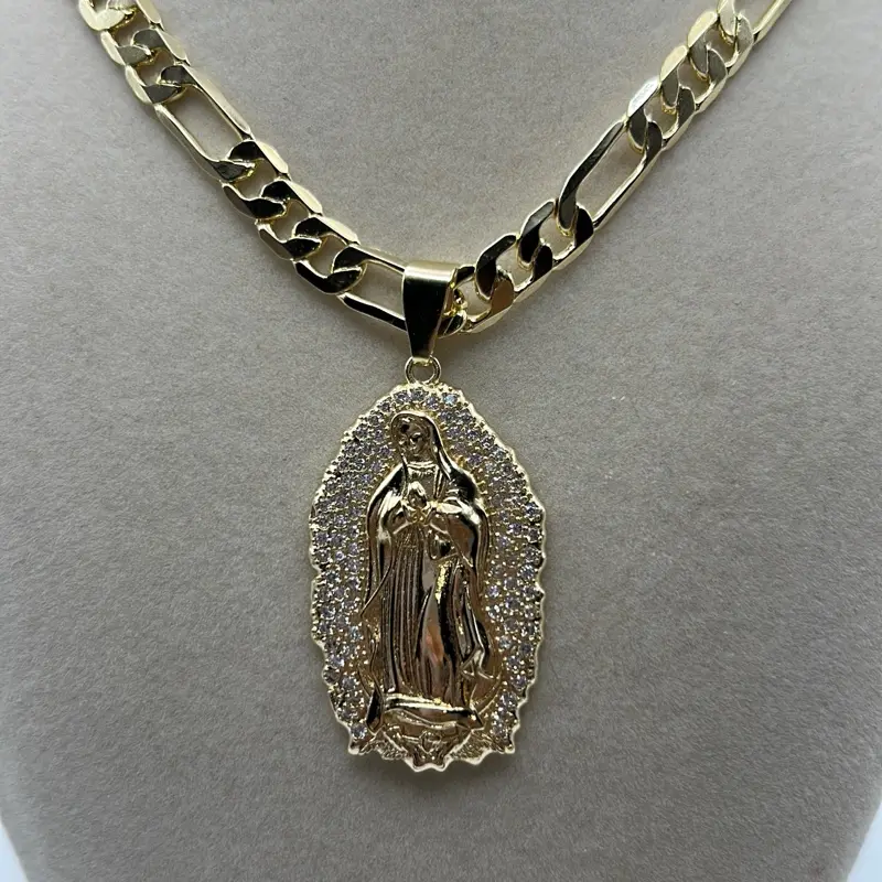 Virgen Guadalupe  Religious jewelry in laminated gold fígaro chain 7mm 24 inches