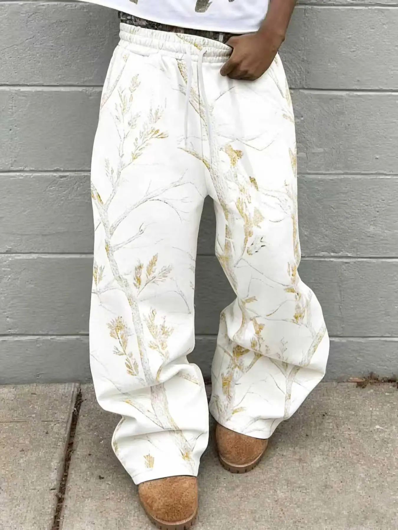 Men's Botanical Print Baggy Pants, Drawstring Wide-Leg Casual Streetwear, Y2K Fashion, Stylish Trendy Nature Pattern, Lounge Wear with Pockets, Casual Outdoor Trouser, Bohemian Street Trousers, Boho Comfy Trousers