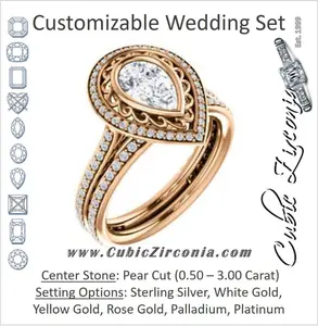 CZ Wedding Set, featuring The Sydney Ava engagement ring (Customizable Cathedral-Bezel Pear Cut Filigreed Design with Halo & Pavé Accents)