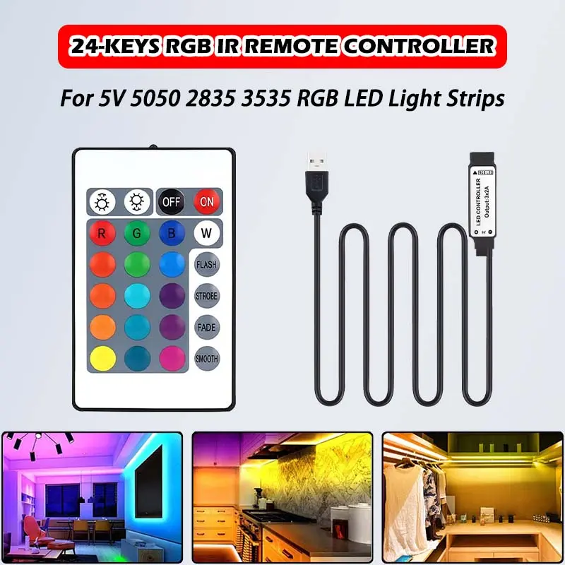 1PC/2PC LED strip controller, 24-key remote control, USB powered, infrared RGB strip controller for home decoration dimming, Lighting Accessories