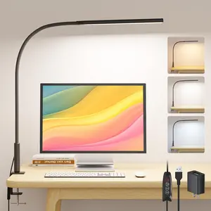 SEOUFRDZ LED Desk Lamp with Clamp, Eye Caring Clip Light for Home Office, 3 Colors Stepless Dimming, Flexible Gooseneck Table Lamp with USB Adapter for Nail Reading Working Workbench Drawing Gaming