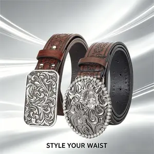 Western tooled leather belt set with engraved silver buckles; women’s western belts with 3D vintage floral buckles; embossed PU leather belts with an artistic retro style