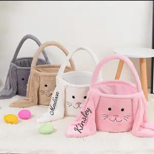 Personalized Plush Easter Basket, Embroidered Easter Bunny Basket, Custom Easter Bag With Name, Easter Gifts for Kids, Stuffed Bunny Basket Cotton Pink