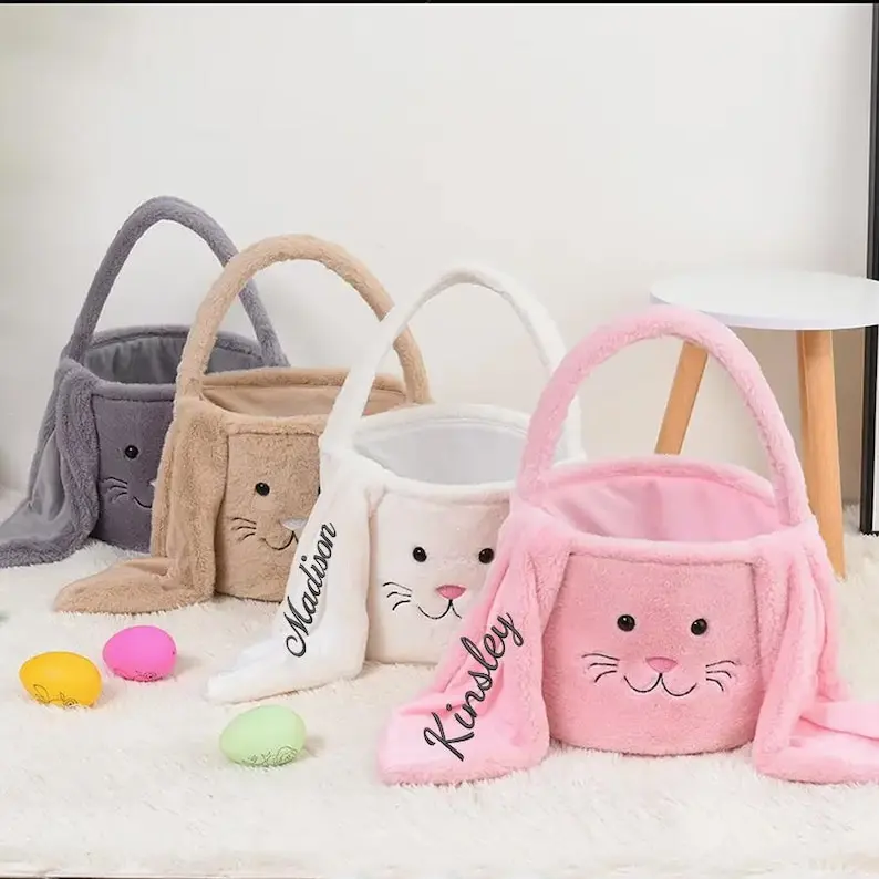 Personalized Plush Easter Basket, Embroidered Easter Bunny Basket, Custom Easter Bag With Name, Easter Gifts for Kids, Stuffed Bunny Basket Cotton Pink