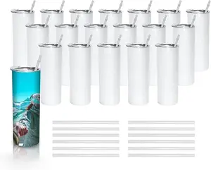 25 Pack  20 OZ matte white Sublimation Tazas Straight Skinny Tumbler with Straw Stainless Steel Double Wall Insulated Tumbler for Tumbler Press Machine hydroflask