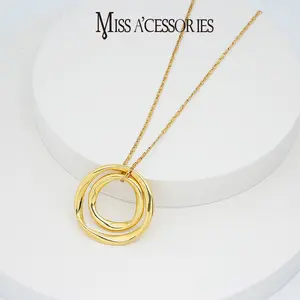 Women's Interlocking Double Open Circle Pendant Necklace - Gold-Tone, Long Adjustable Layered Ring Jewelry, Modern Minimalist Geometric Fashion Accessory, Birthday Gift Idea, Female