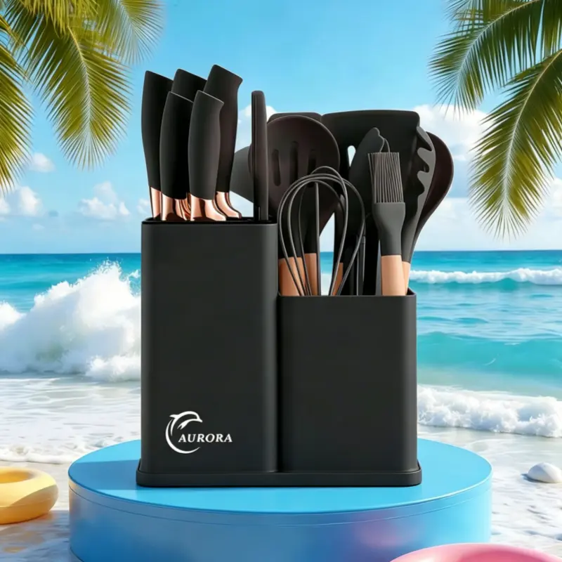 19-piece kitchen  set paired with asilicone utensil set-professional,nonstickpan spatula and stir-frying spatula; essentialfor home cooking.