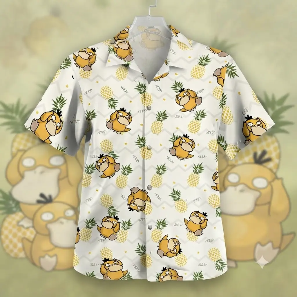 2026 Hot Hawaiian Sets PKM Fresh Summer Beach Wear Cute Confused Yellow Duck Pineapple Pattern Anime Aloha Shirt Matching Shorts Casual Button Up Top Youthful Bold Tropical Quirk Style Festival Clothing Premium Holiday Gift For All Ages Family Outfits