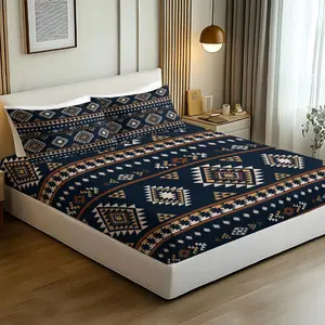 Fitted Sheet 3pcs Set: Southwestern Navajo Tribal Geometric Fitted Sheet Set! Includes 1 Fitted Sheet + 2 Pillowcases. for Kids' Rooms & Creative Bedroom Decor. Breathable Fabric That Fits Snugly on Your Mattress! Home & Bedroom Essentials. No Filling.