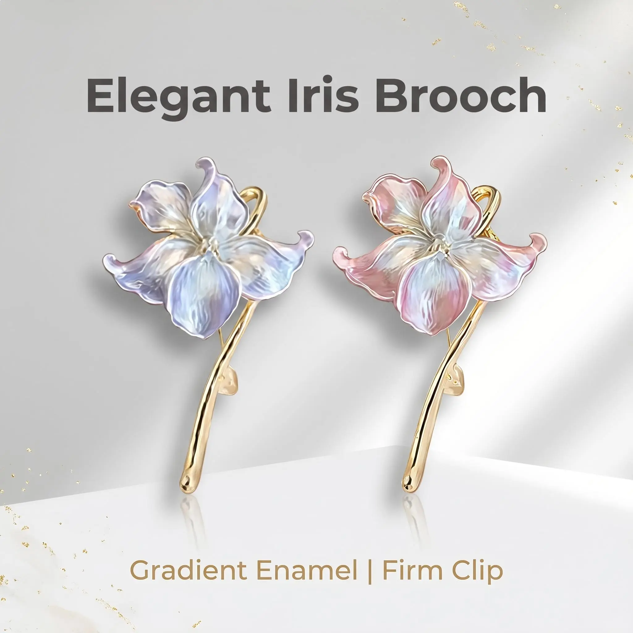 Women's Elegant Iris Flower Brooch - Gradient Enamel Floral Pin with Gold-Tone Stem, Vintage Fashion Jewelry for Dresses, Scarves, Gifting