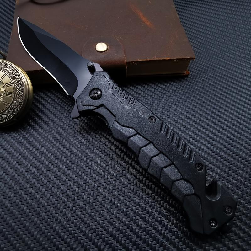 Heavy - Duty Black Folding Knife with Ergonomic Grip for Camping & Adventure
