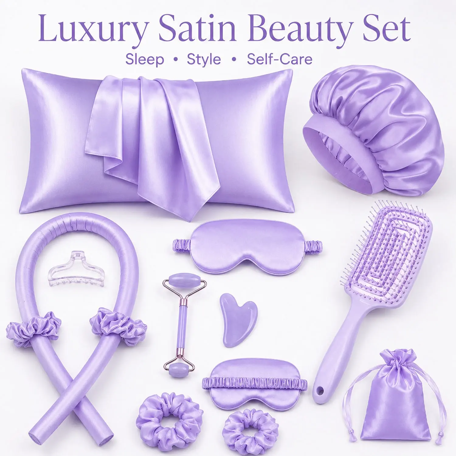 13PCS Luxury Satin Hair Care & Sleep Set for Women, Heatless Curling Rod Kit with Silk Pillowcase, Satin Bonnet, Sleep Mask, Detangling Brush & Beauty Accessories, Heatless Styling Tools for Frizz-Free Overnight Curls & Self Care
