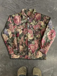 Men's Floral Print Button Front Denim Jacket, Loose Casual Retro Long Sleeve Collared Outerwear for Spring, Fashion Men's Clothes for Daily Wear, Coats