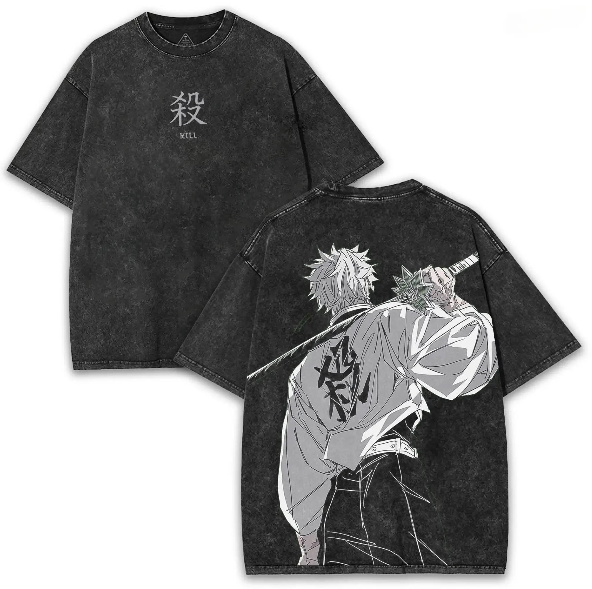 Sanemi Shinazugawa Kimetsu no Yaiba Oversized Washed Vintage Tee Double Printed 260GSM Cotton | Wind Hashira Collector Drop Soft Washed Cotton Short Sleeve vintage  unisex Tee washed tees for Men and Women