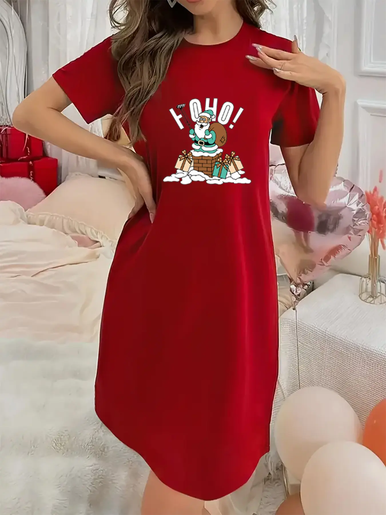 Soft Micro Elastic Summer With Santa selfie Print Short-Sleeved Crew Neck Night Dress - Machine Washable, Casual, Comfortable Homewear For Women Cute Short gown night gown women Suitable for Halloween, Christmas and Thanksgiving