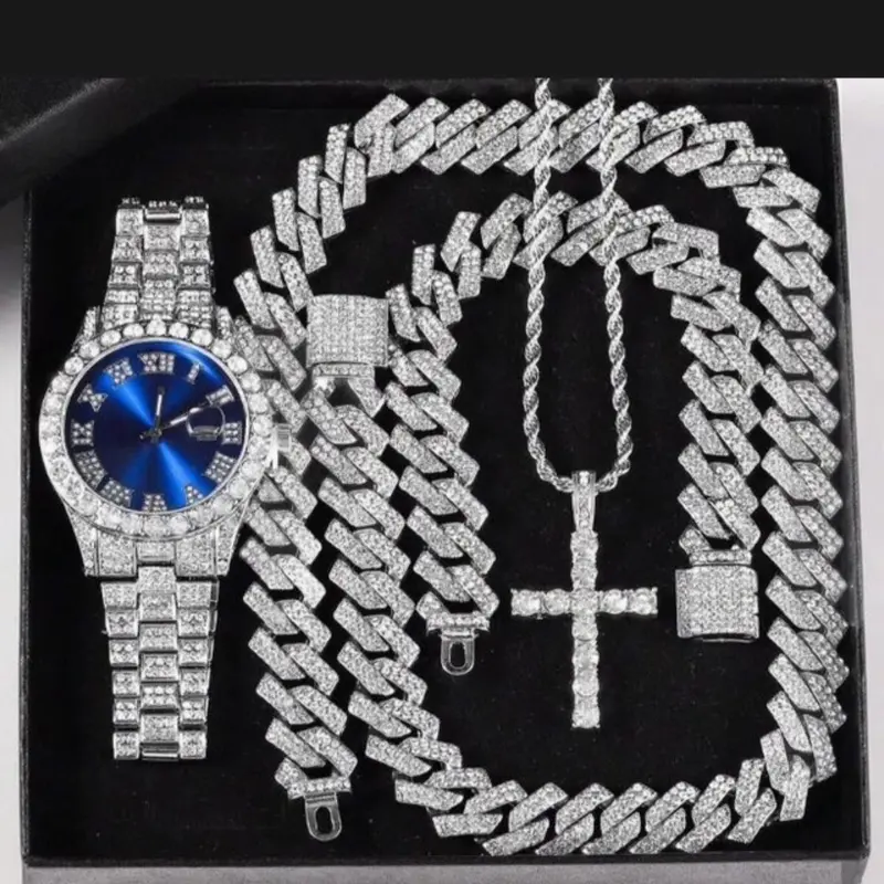 Hip Hop Set Simulated Diamond Luxury Watch Iced Cuban Chain Cross Necklace Bracelet