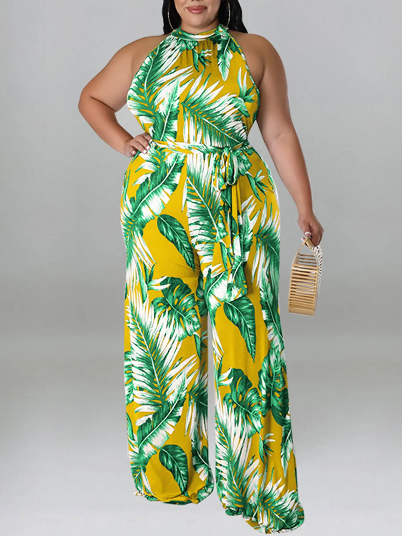 Women's Plus-Size Tropical Print Halter-Neck Wide-Leg Overalls - Breathable Lightweight Comfortable Fabric Tie-Waist Sleeveless Jumpsuit for Summer Beach Holiday, Casual Style, Day Vibe Fit