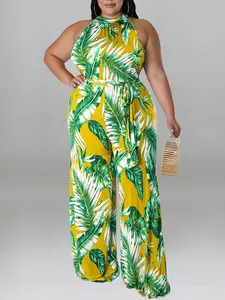 Plus-Size Tropical Print Halter Jumpsuit with Tie Waist, Wide Leg, Perfect for Vacation and Summer Outings