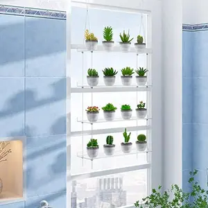 OtNiap Clear Hanging Window Plant Shelves 16inch,Indoor Windows Wall Hanging Plant Stand Flower Display,Flower Pot Organizer Storage for Window Grow Herbs,Microgreens,Succulents,Flower