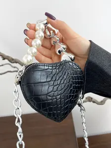 Vintage Mini Crossbody Bag, Crocodile Pattern Pearl Chain Purse, Heart Shape Fashion Coin Wallet, All Seasons Solid Design