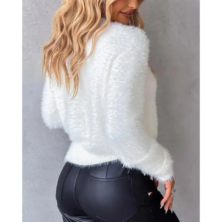 Rhinestone Studded Fuzzy Knit Sweater