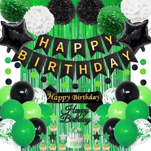 Green and Black Birthday Decorations, 50PCS Happy Birthday Decorations for Men with Banner Balloons Sash Foil Fringe Curtain Paper Pompoms, Green Party Decoration Party Supplies for Mens Boys Kids