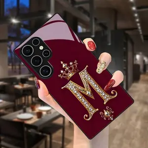 Luxury Transparent Tempered Glass Phone Case Cover, Diamond Letter M Crown Design, Fits Samsung Galaxy Series, Ultrathin and Lightweight