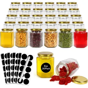 30 Pack 6oz Hexagon Glass with Gold Lids, 180ml Clear Glass Canning Honey Spice Jars Mason Jars for Jams, Shower Favors, Wedding Favors, Craft, 1 Pen and Labels Included