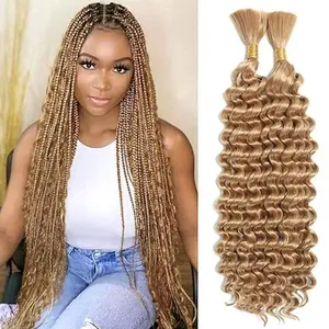 【TIMIA】100g Bohemian Braid Human Hair Size 14-24 Inch Honey Blonde Curls Bohemian Braids Knotless 12A Deep Waves Bulk Bohemian Style 2 Bundles/Pack Color 27