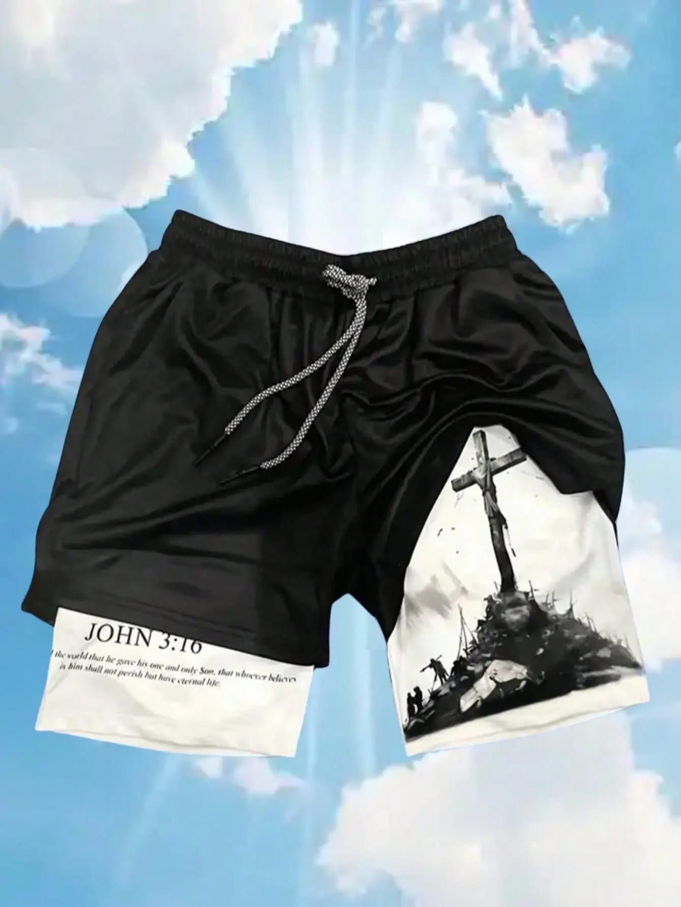 Men's Street Fashion Cross-Print Knit Drawstring Graphic Athletic Shorts - Breathable Everyday Shorts for Gym, Basketball Outings, Graphic Shorts