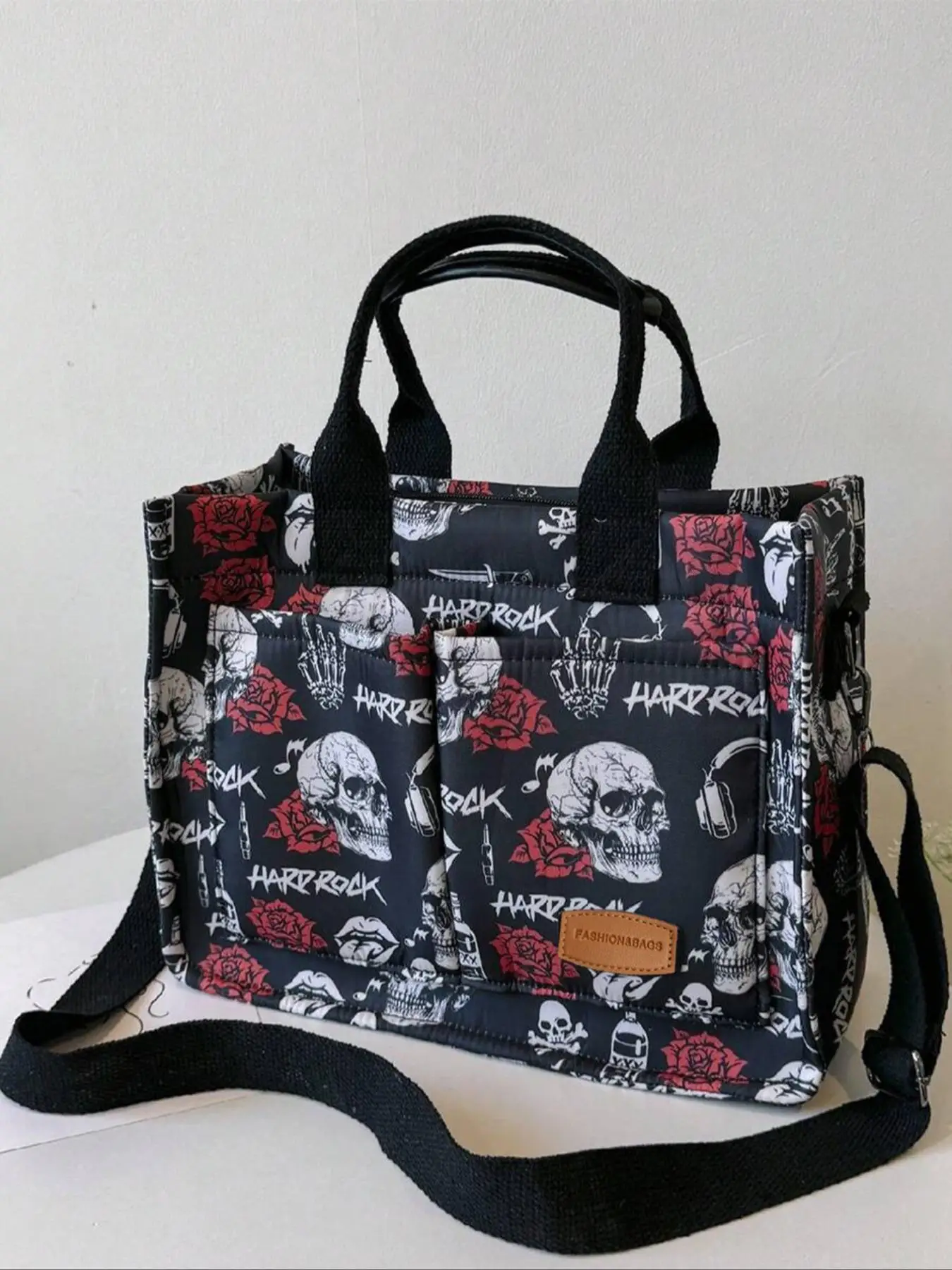 Fashion Skull & Rose Pattern Patched Design Tote Bag, 2025 New Style Casual Multi-pocket Alphabet Pattern Handbag, Tote Bag for Daily Travel Work Comm