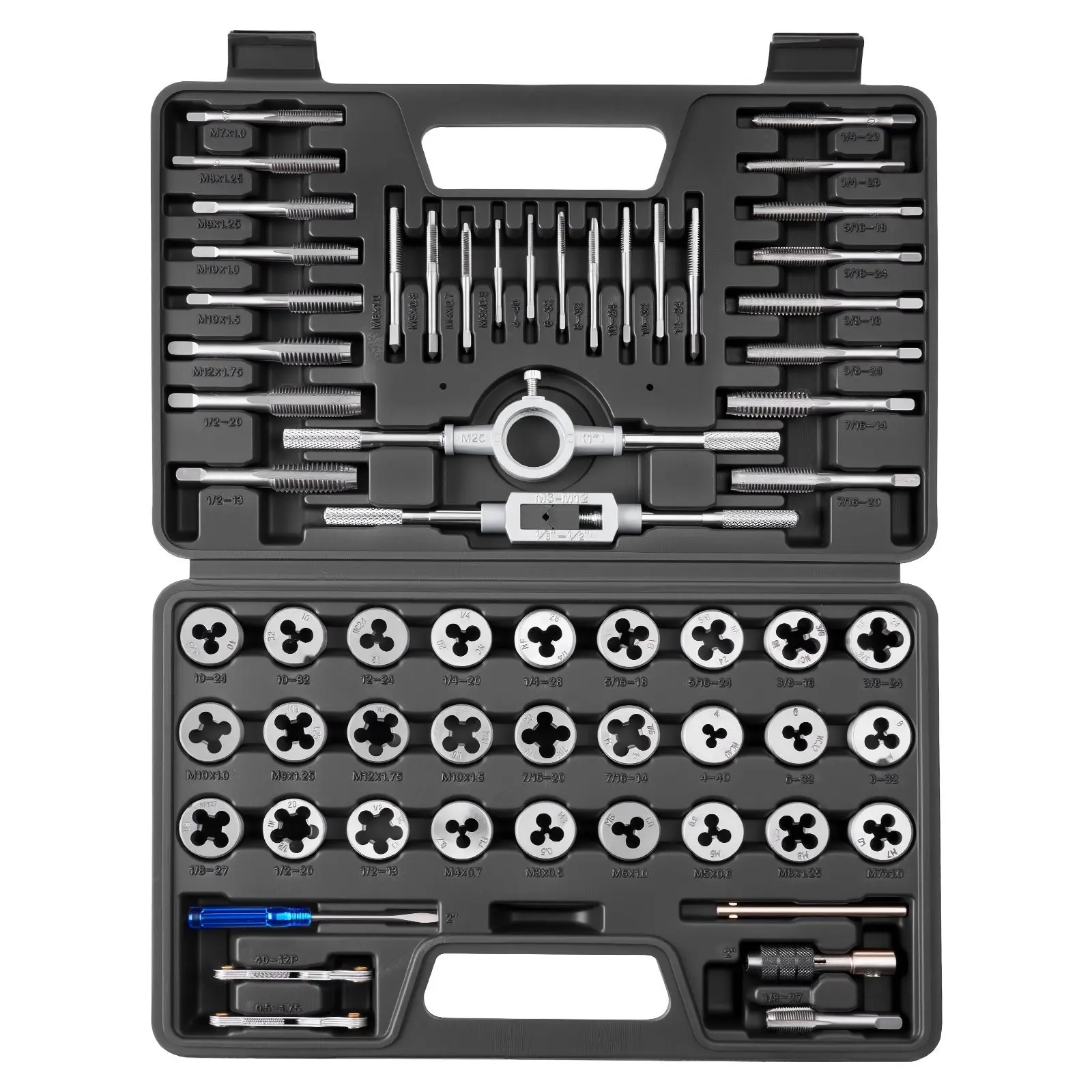 Tap And Die Set, 60-Piece Precision Threading Kit With Metric M3 To M12 And SAE #4 To 1/2 Inch Sizes, Coarse And Fine Thread Taps And Dies, Wrench, Carrying Case, And Complete Accessories For Threading And Rethreading