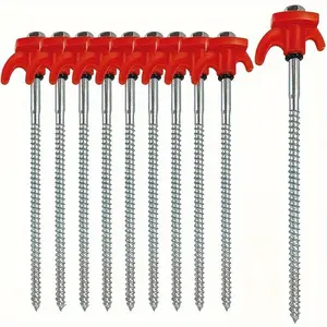 Heavy-Duty 4pcs Iron Hexagonal Threaded Tent Stakes - Red Plastic Handle & Metal Screws - Camping, Hiking, and Outdoor Gear Accessories - Sleek Finish | Metallic Screw Thread