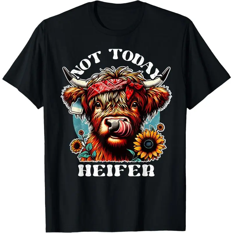 Men's 100% Cotton Relaxed Fit Round Neck Streetwear Distressed T-Shirt - Casual Vintage "Not Today Heifer" Retro Highland Cow, Sunflowers Graphic Top