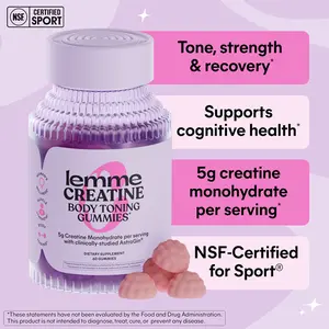 Lemme Creatine Monohydrate Gummies for Women and Men, 5g Dose to Support Lean Muscle, Strength, Recovery, Cognitive Health, w/Ginseng for Absorption, Sour Strawberry, NSF Certified, 60 Gummies