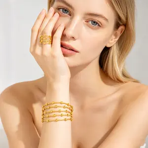 YM 2-Piece Open Cuff Beaded Bracelet & Matching Beaded Ring Set, 18K Gold Plated, Hypoallergenic, Elegant Beaded Design Jewelry for Everyday Wear (Boho, Y2K Styles)