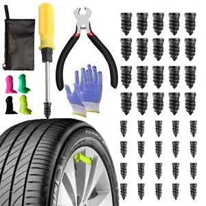 49PCS Tire Repair Rubber Plug Kit - Includes 2 Sizes, Pliers, Screwdriver, Gloves & Funny Fluorescent Valve Caps, Compatible with Cars/Motorcycles/Trucks/Tractors, Self-Service Quick Screw-Type Rubber Plug Tool for Tubeless Tires Tire Repair Tool