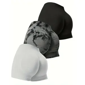 3pcs High-Waisted Tummy Control Seamless Shorts Set, Fitness Yoga Butt-Lifting Workout Shorts, Fashion Basic Solid Color + Tie-Dye Sportswear