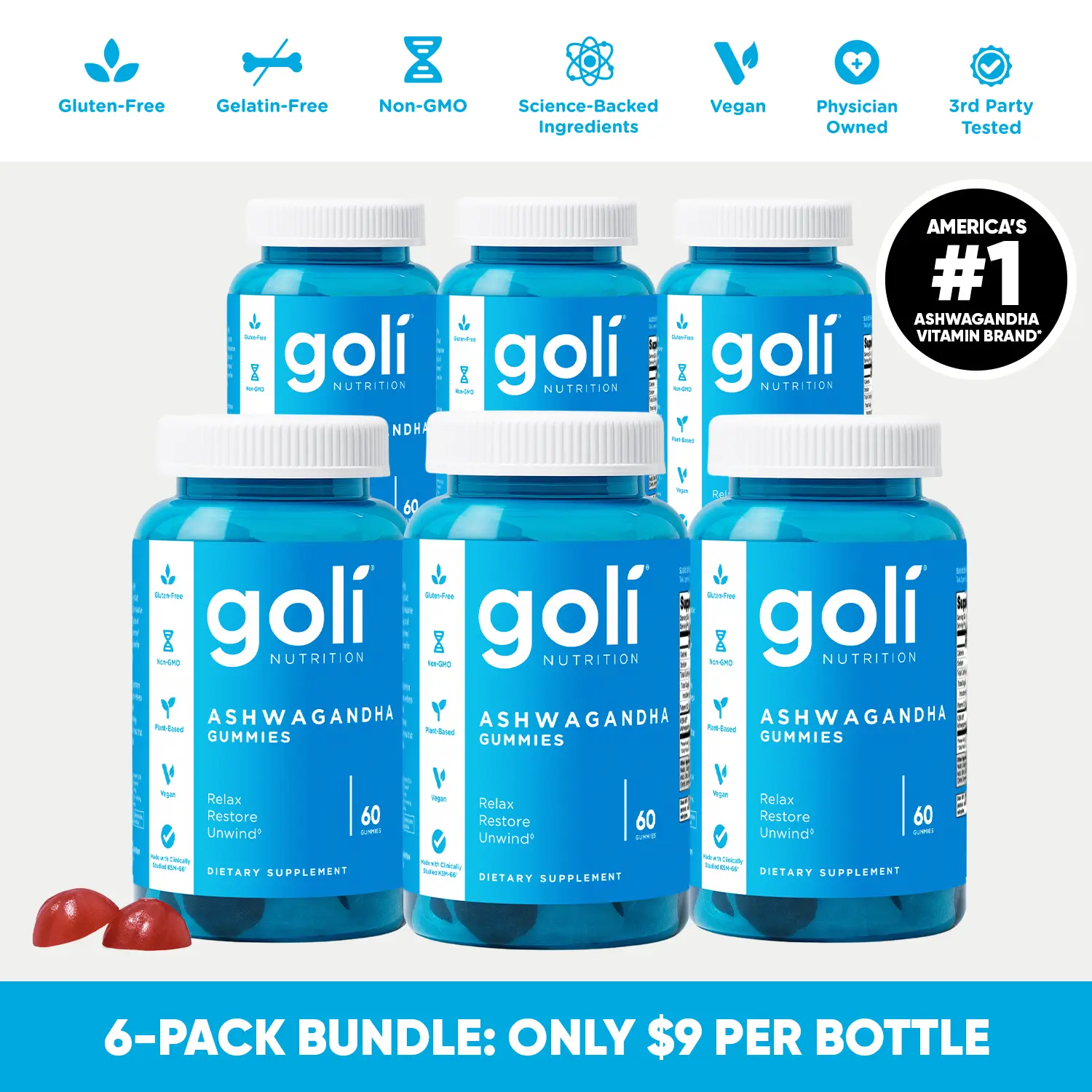 6 Bottles of Goli Ashwagandha & Vitamin D Gummy - Mixed Berry, KSM-66, Vegan, Plant Based, Non-GMO, Gluten & Gelatin Free 6 Bottles of Goli Ashwagandha & Vitamin D Gummy - Mixed Berry, KSM-66, Vegan, Plant Based, Non-GMO, Gluten & Gelatin Free