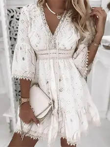 Elegant Women’s White Hollow Lace Mini Dress – Summer V-Neck Patchwork with Lace-Up & 3/4 Sleeves, Vacation Beachwear