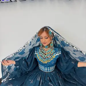 Elegant Blue Embellished Dress with Matching Veil and Statement Jewellery for Festive Occasions