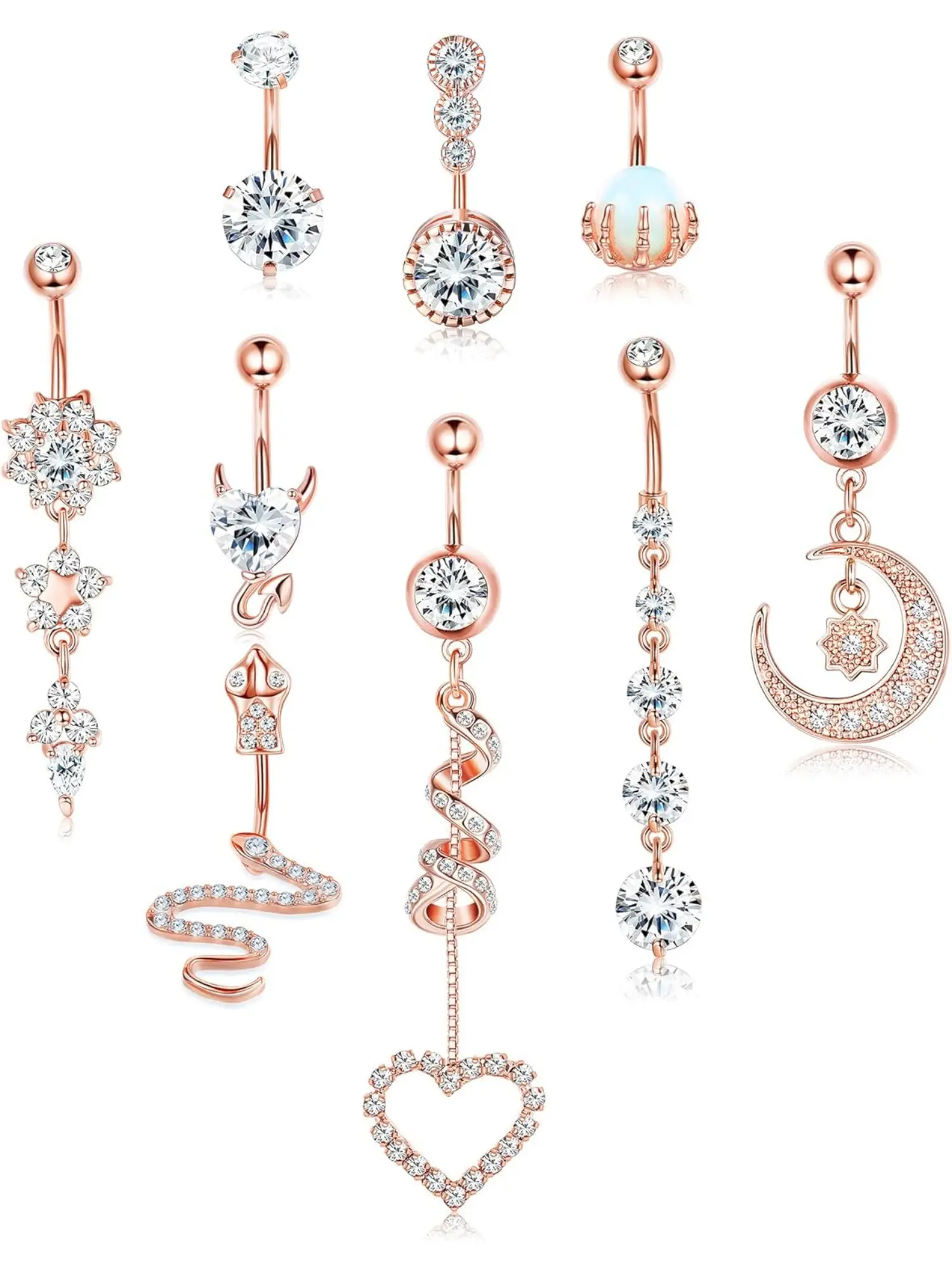 9Pcs 14G Belly Button Rings for Women Stainless Steel Diamond Snake Devil Heart Flower Moon CZ Reverse Dangle Navel Ring Belly Rings for Women Body Piercing Jewelry