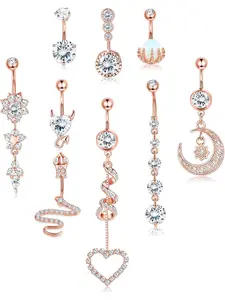 9Pcs 14G Belly Button Rings for Women Stainless Steel Diamond Snake Devil Heart Flower Moon CZ Reverse Dangle Navel Ring Belly Rings for Women Body Piercing Jewelry