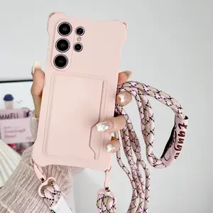 Creative Card Holder Crossbody Strap Phone Case for Galaxy S23 S24 S25 S26 Plus Ultra, Simple Anti-Drop Mobile Protection Cover