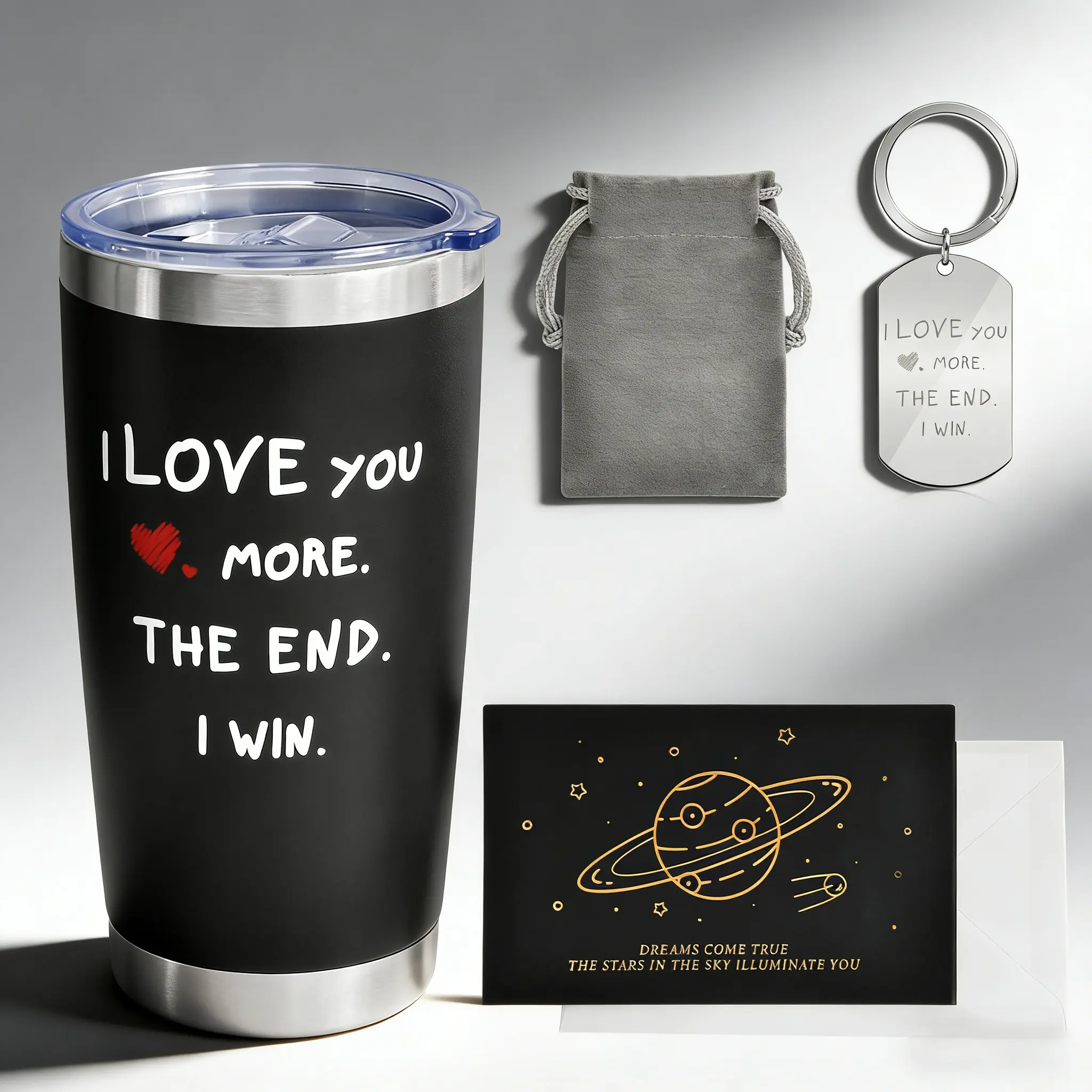 20oz Insulated Leakproof Stainless Steel Tumbler Couple Gift Box Set - With Printed Engraved Keychain, Lid, Portable Design, Greeting Card, "I Love You More The End I Win" Romantic Valentine’s Day Gift for Boyfriend, Husband